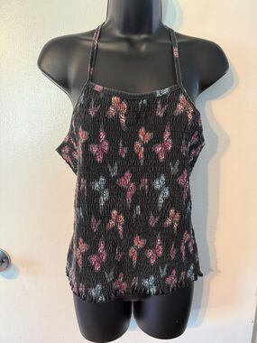 Y2K Butterfly Smocked Halter Top Butterfly Print Fairycore Cropped Tank Cami M/L